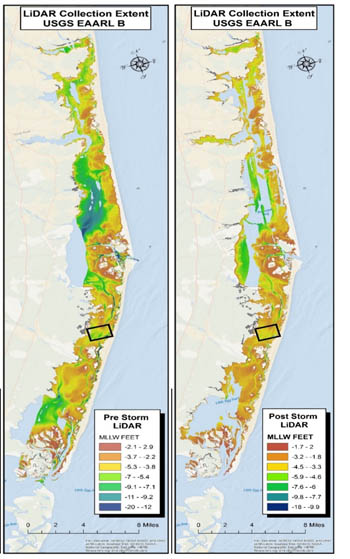 Pre- and post-Sandy bathymetry in the Barnegat Bay, NJ area gathered by the USGS EAARL-B lidar system