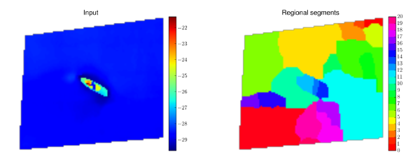 DTM characterized by the presence of a wreck (left pane) is segmented by a regional minima criterion (right pane).