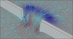 A visualization of water flow past a breakwater